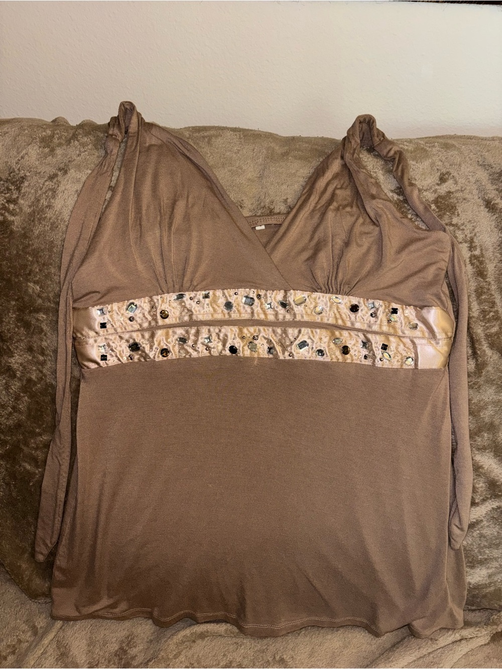 Y2K Embellished Gemstone Halter Neck Top Taupe XL